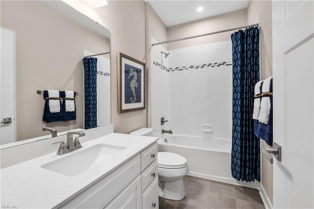 full bathroom with shower / tub combo with curtain, vanity, toilet, and tile patterned floors