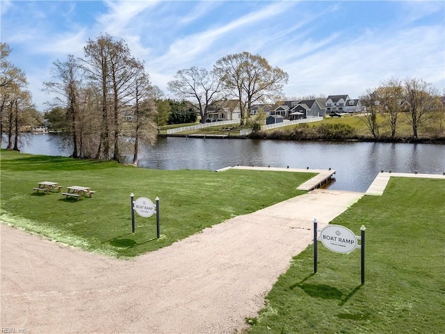 surrounding community with a yard, a boat dock, and a water view