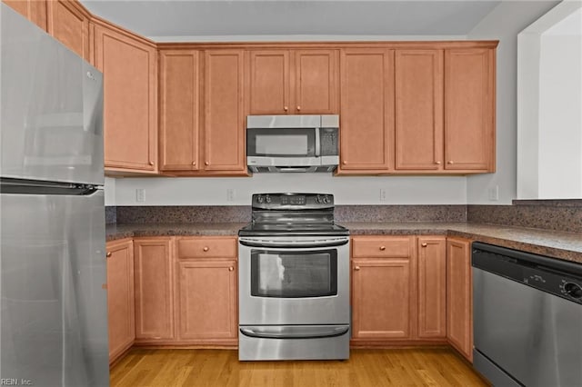 kitchen with light hardwood / wood-style floors and appliances with stainless steel finishes