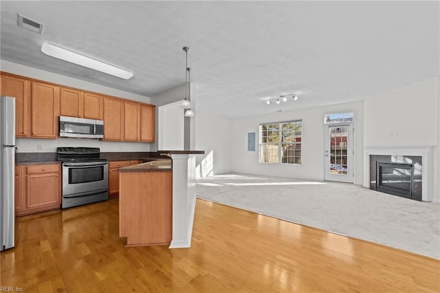 kitchen featuring stainless steel appliances, pendant lighting, a fireplace, and light hardwood / wood-style flooring