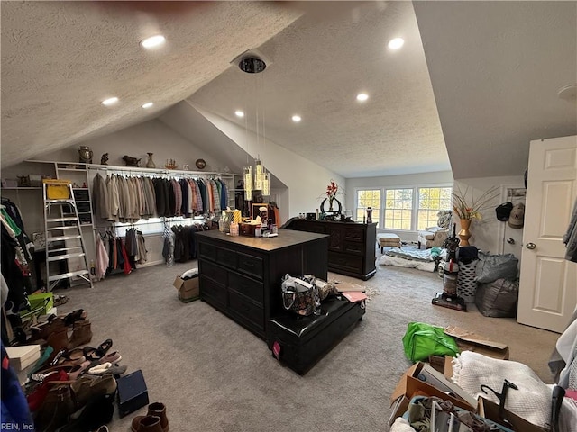 interior space featuring light colored carpet and vaulted ceiling