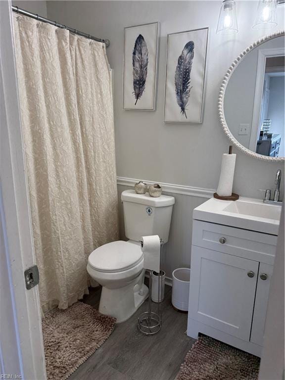 bathroom featuring vanity, hardwood / wood-style flooring, and toilet