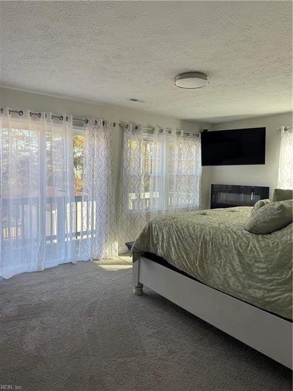 bedroom featuring carpet, access to exterior, and a textured ceiling