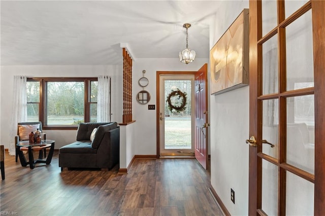 foyer entrance featuring a notable chandelier and dark hardwood / wood-style flooring