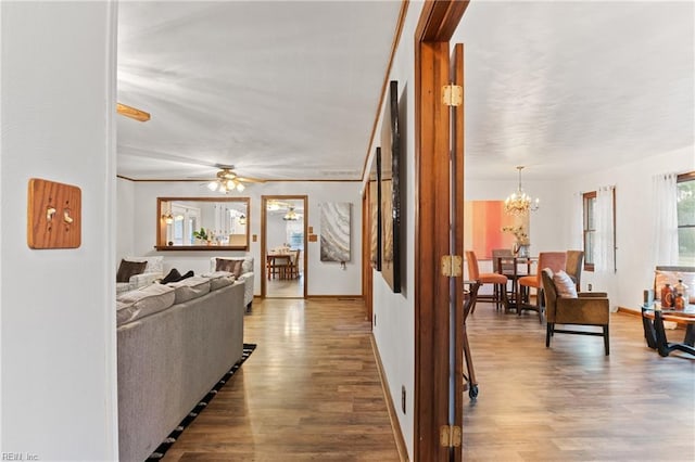 living room with ceiling fan with notable chandelier and wood-type flooring