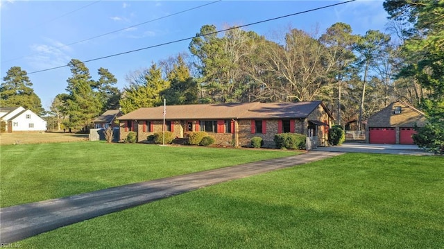 single story home with a garage and a front lawn