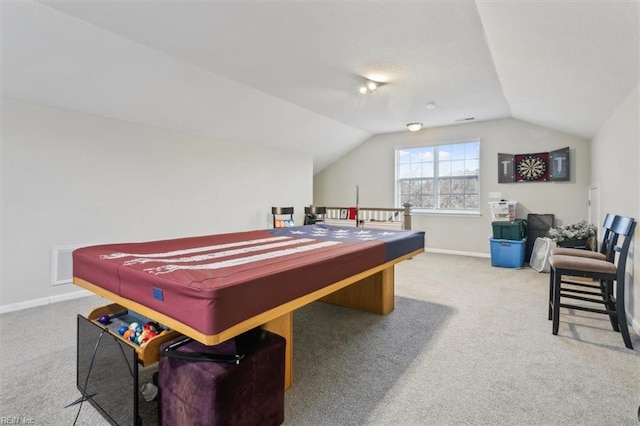 rec room with lofted ceiling, carpet flooring, and pool table