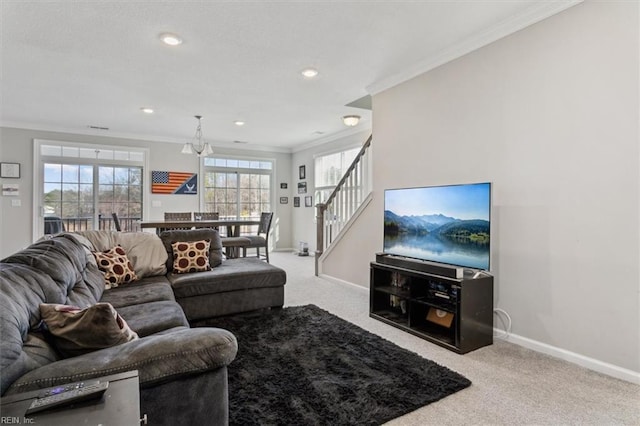 living room featuring light carpet and crown molding