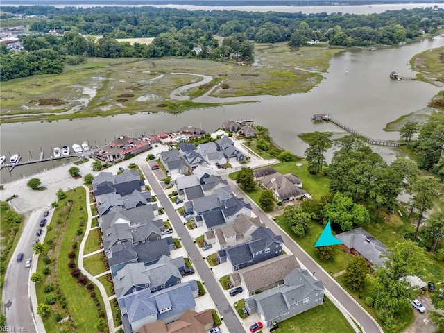 drone / aerial view with a water view