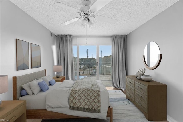 bedroom featuring ceiling fan, a textured ceiling, and access to outside