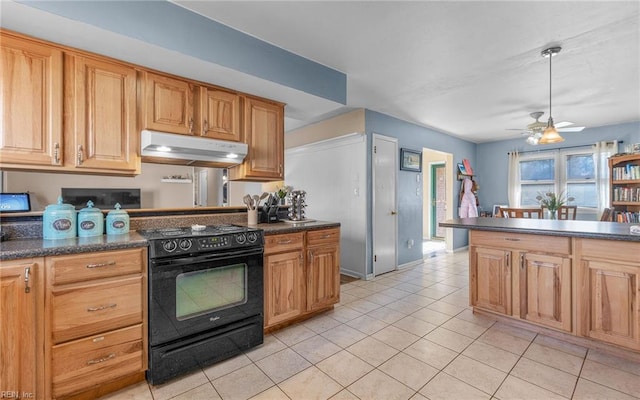 kitchen with light tile patterned flooring, ceiling fan, and black electric range