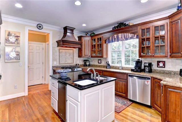 kitchen with custom exhaust hood, appliances with stainless steel finishes, sink, and light hardwood / wood-style flooring