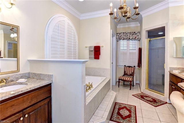 bathroom with tile patterned floors, ornamental molding, vanity, a notable chandelier, and plus walk in shower