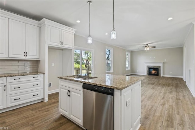 kitchen with backsplash, stainless steel dishwasher, light wood-style floors, a glass covered fireplace, and a sink