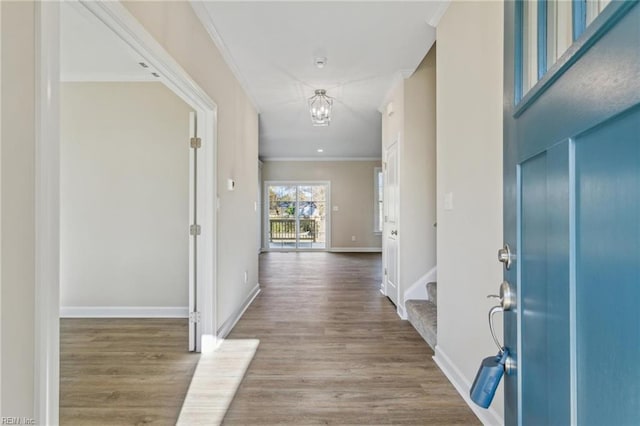 foyer featuring baseboards, crown molding, and wood finished floors