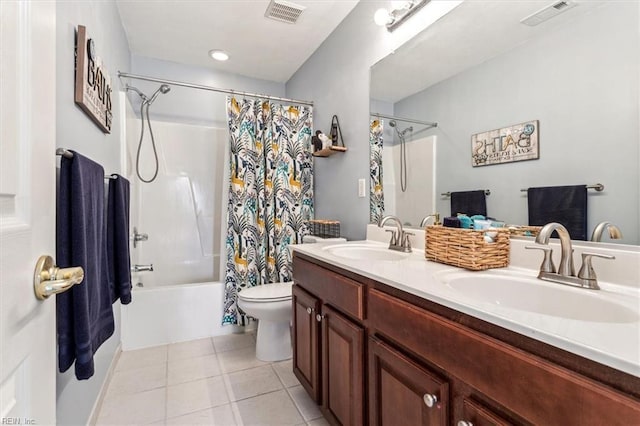 full bathroom featuring shower / bath combination with curtain, vanity, toilet, and tile patterned flooring