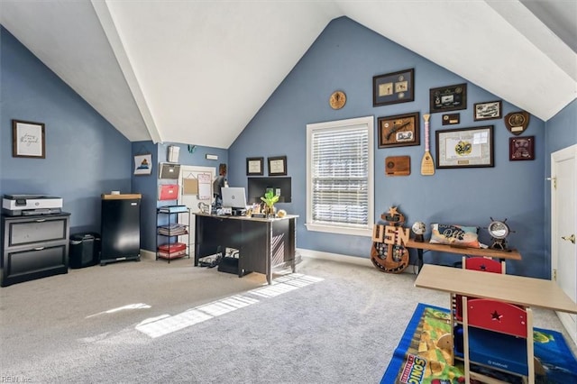 rec room with lofted ceiling and carpet floors