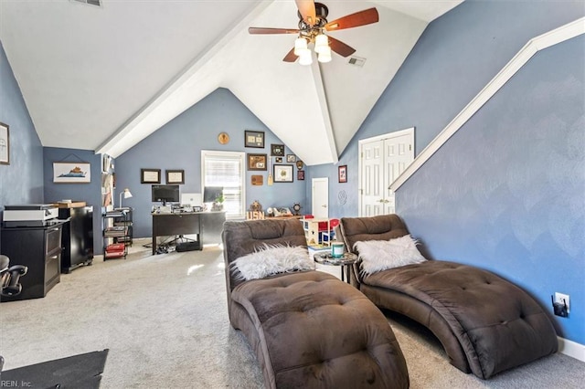 carpeted living room with lofted ceiling and ceiling fan