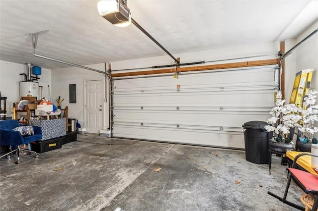 garage featuring a garage door opener, electric panel, and water heater