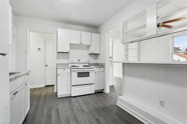 kitchen featuring white cabinetry, dark hardwood / wood-style flooring, ceiling fan, and white range with electric cooktop