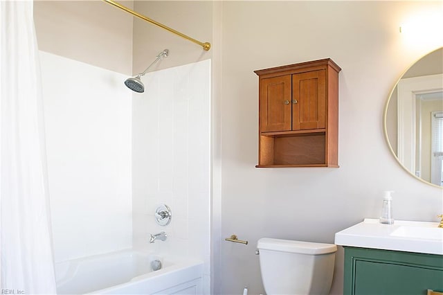 full bathroom with vanity, bathtub / shower combination, and toilet