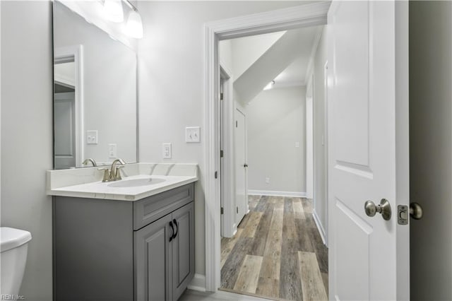 bathroom featuring vanity, hardwood / wood-style floors, and toilet