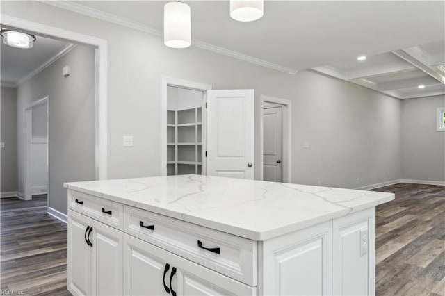 kitchen with white cabinetry, crown molding, pendant lighting, and dark hardwood / wood-style floors