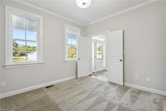 carpeted empty room with crown molding and plenty of natural light