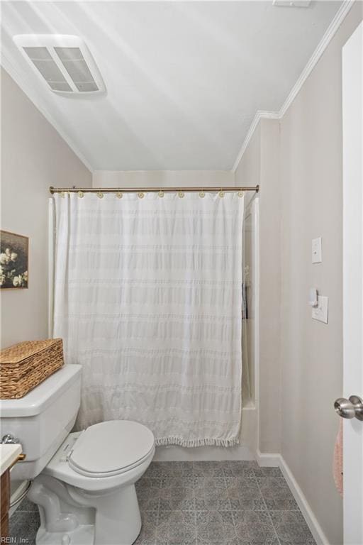 full bathroom featuring lofted ceiling, toilet, crown molding, vanity, and shower / bath combination with curtain