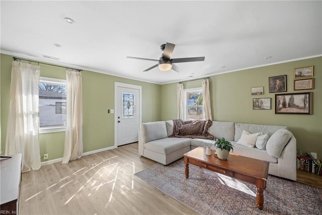 living room featuring ceiling fan, crown molding, and light hardwood / wood-style floors