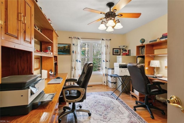 office area featuring light hardwood / wood-style floors and ceiling fan