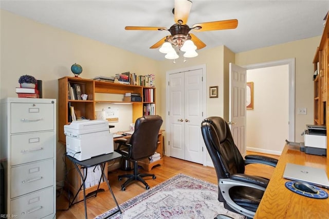 office space featuring ceiling fan and light hardwood / wood-style floors