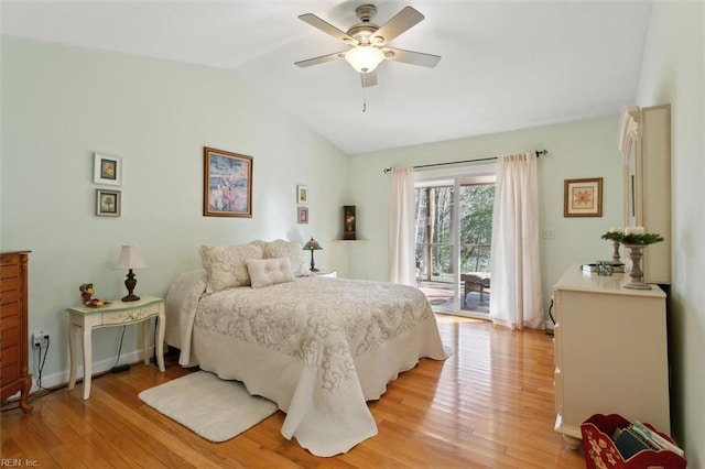 bedroom featuring ceiling fan, lofted ceiling, access to exterior, and light wood-type flooring