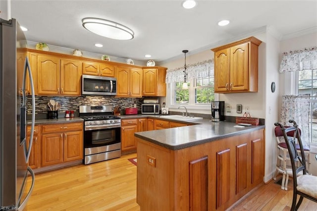 kitchen with sink, crown molding, decorative light fixtures, appliances with stainless steel finishes, and light hardwood / wood-style floors