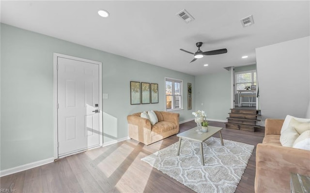 living room featuring ceiling fan and hardwood / wood-style floors