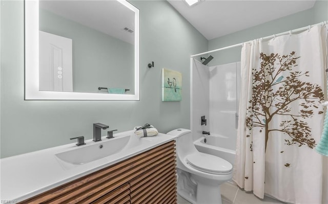 full bathroom with vanity, shower / tub combo, tile patterned floors, and toilet