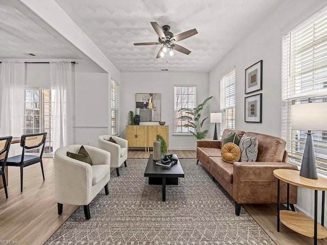 living room featuring ceiling fan and hardwood / wood-style floors