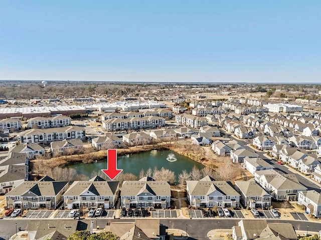 drone / aerial view featuring a water view