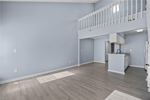 unfurnished living room with sink, hardwood / wood-style flooring, and a towering ceiling