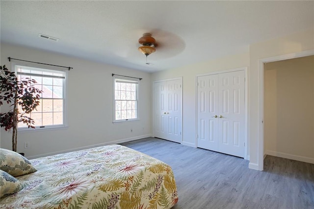 bedroom with multiple windows, two closets, and light wood-type flooring