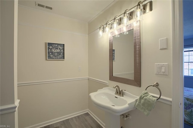 bathroom with sink, crown molding, and wood-type flooring