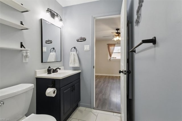 bathroom featuring vanity, ceiling fan, and toilet