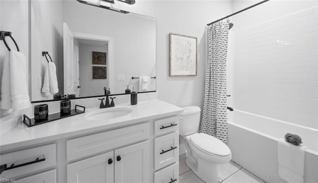 full bathroom featuring vanity, shower / bath combo, tile patterned floors, and toilet