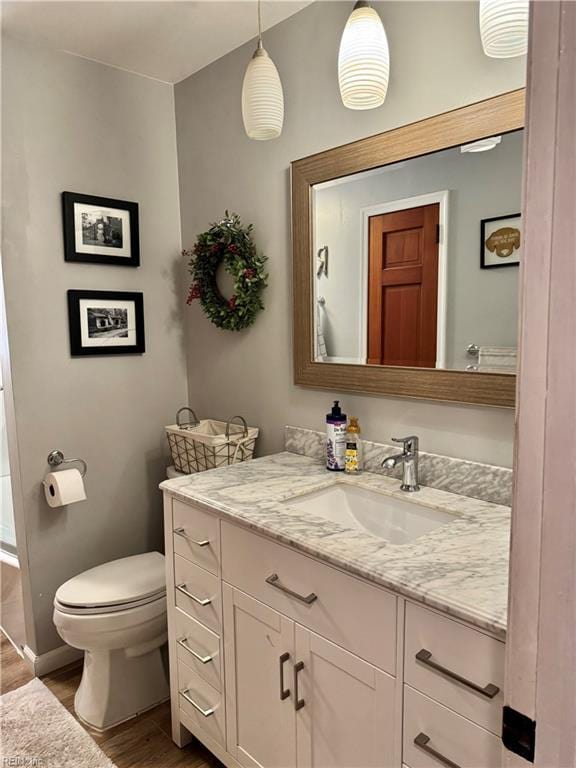 bathroom featuring hardwood / wood-style flooring, vanity, and toilet