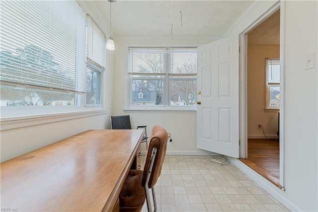 dining space featuring crown molding