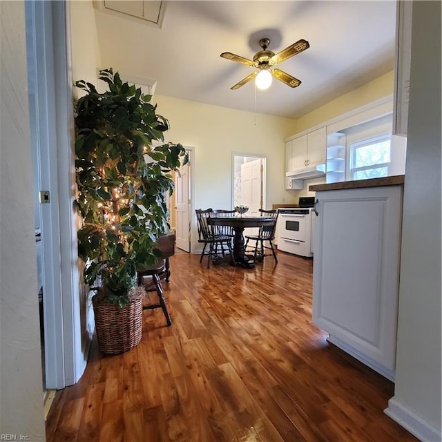 kitchen featuring white cabinetry, ceiling fan, hardwood / wood-style floors, and electric range