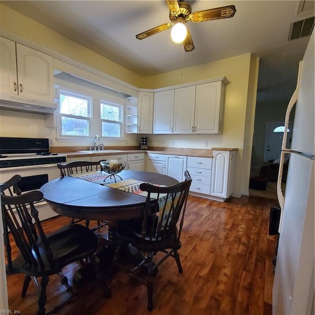 kitchen with white cabinetry, dark wood-type flooring, sink, and white appliances