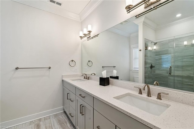 bathroom featuring vanity, ornamental molding, toilet, and walk in shower