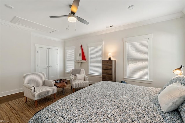 bedroom with multiple windows, ornamental molding, dark wood-type flooring, and ceiling fan