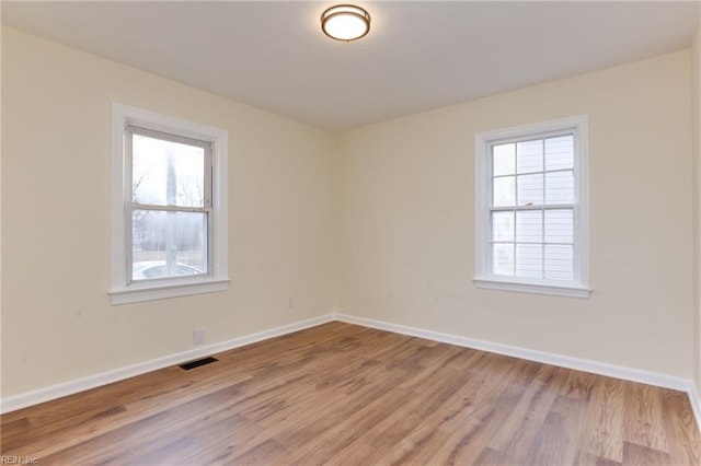 spare room with a wealth of natural light and light hardwood / wood-style floors